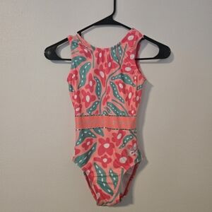 NWOT GK Elite Simone AXS Leotard Flower Power Peach Pink Gymnastics Dance